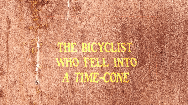 Still from The Bicyclist Who Fell into a Time Cone (2023) by Raqs Media Collective, commissioned by The Jencks Foundation