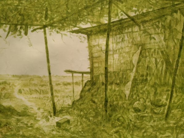 Dharmendra Prasad, Between legal ,illegal and the river Drawing 2, Bathua (Chenopodium album), Urohi paat (leaves of India beans) Maani Munni (a type of edible wild grass) and many unrecognisable wild grasses from Prabhu’s agricultural land, on paper, 29 x 42.5 inches, 2021