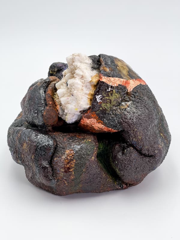 Ashwini Bhat, Liquid Earth Series: 3, glazed ceramic, quartz crystal, and gold leaf, 6 x 7 x 7.5 inches, 2021