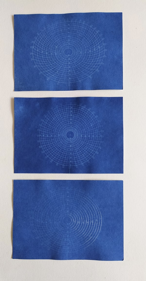 The Mirrored Sky Set 2, Set of 3, Cyanotypes on paper, 17 x 12.5 cm each, 2018
