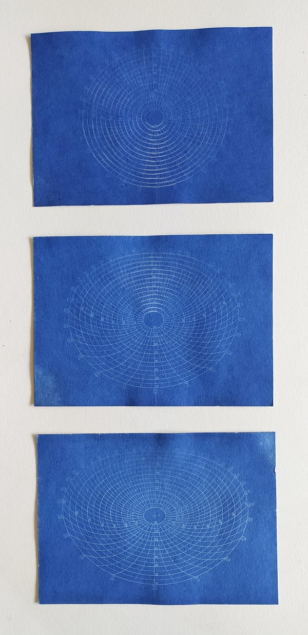 The Mirrored Sky Set 1, Set of 3, Cyanotypes on paper, 17 x 12.5 cm each, 2018