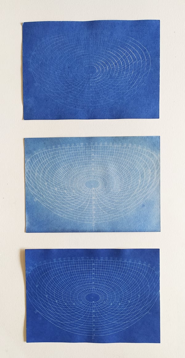 The Mirrored Sky Set 4, Set of 3, Cyanotypes on paper, 17 x 12.5 cm each, 2018