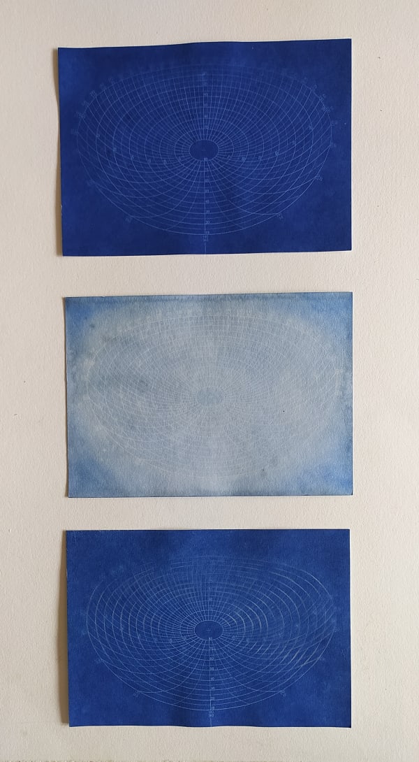 The Mirrored Sky Set 3, Set of 3, Cyanotypes on paper, 17 x 12.5 cm each, 2018