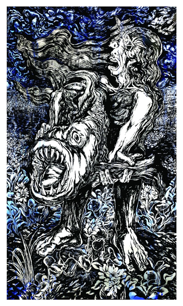Anupam Roy, Agitation, Black pigment with distemper and watercolour on paper, 96 x 60 inches, 2021