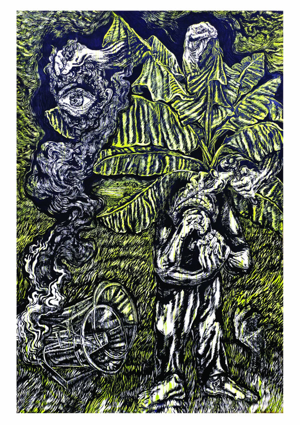 Anupam Roy, Alienation, Black pigment, Tea-liquor, watercolour, and distemper on paper, 96 x 60 inches, 2021