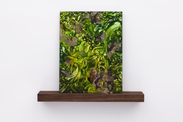 Neha Choksi, Depend (on the other side), Glass paint baked onto tempered ultra-clear glass, gray one-way mirror, walnut wood, 17 x 20 x 3 inches, 2021