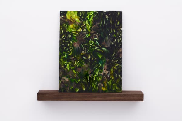 Neha Choksi, Lean (on the other side), Glass paint baked onto tempered ultra-clear glass, gray one-way mirror, walnut wood, 17 x 20 x 3 inches, 2021