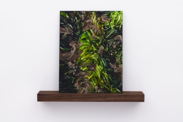 Neha Choksi, Reach (on the other side), Glass paint baked onto tempered ultra-clear glass, gray one-way mirror, walnut wood, 17 x 20 x 3 inches, 2021
