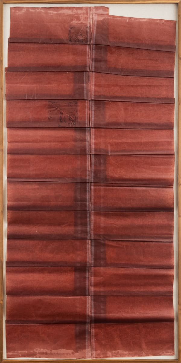 Hemali Bhuta , She tore the fold, Ratanjot in coconut and castor oil on packaging paper, 95 x 48 inches (framed), 2021
