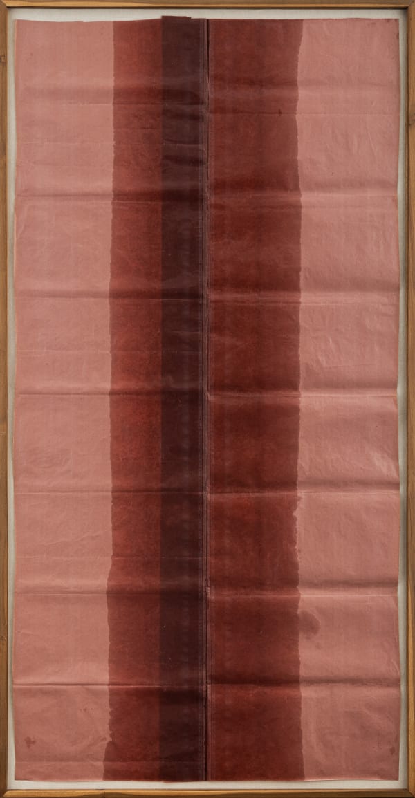 Hemali Bhuta, Fold & Leak, Ratanjot in coconut and castor oil on packaging paper, 88 x 45.5 inches (framed), 2021