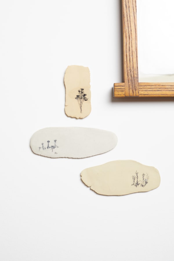 Katie Spragg Ragwort bouquet, 2025 Screen-printed coloured clay 10 x 5 cm Ragwort summer bunches, 2025 Screen-printed coloured clay 6 x 16.5 cm Autumn ragwort #2, 2025 Screen-printed coloured clay 7 x 15 cm