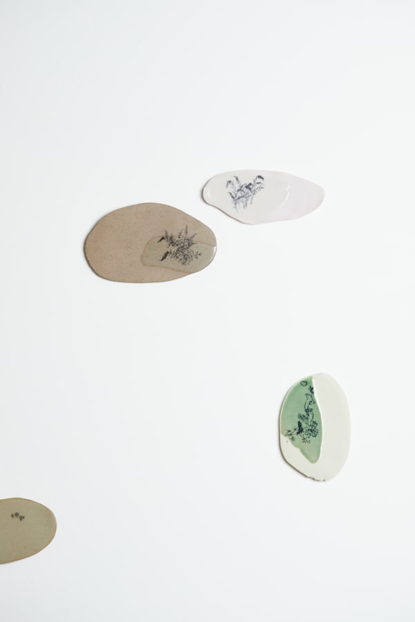 Katie Spragg Buddleia again, 2025 Screen-printed coloured clay 7 x 14.5 cm Buddleia, 2025 Screen-printed coloured clay 10 x 15.5 cm Moss and lichen Norway, 2025 Screen-printed coloured clay 13 x 8.5 cm