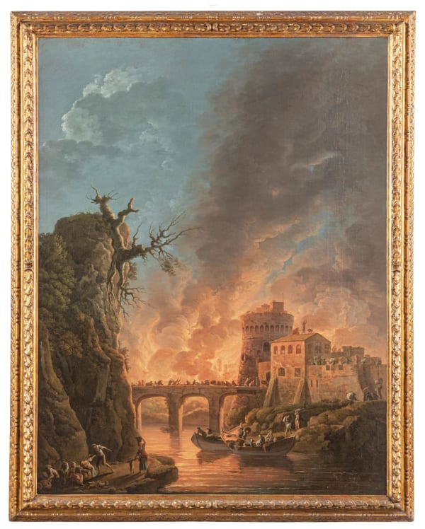 Carlo Bonavia (Roma, 1730- Napoli, 1788), Paesaggio fluviale con incendio