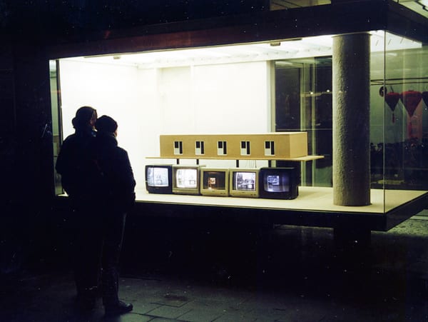 Dormitory 기숙사 (2000) 200x80x80cm A dormitory model made of wood, 5 video cameras, 5 monitors, 5 motors