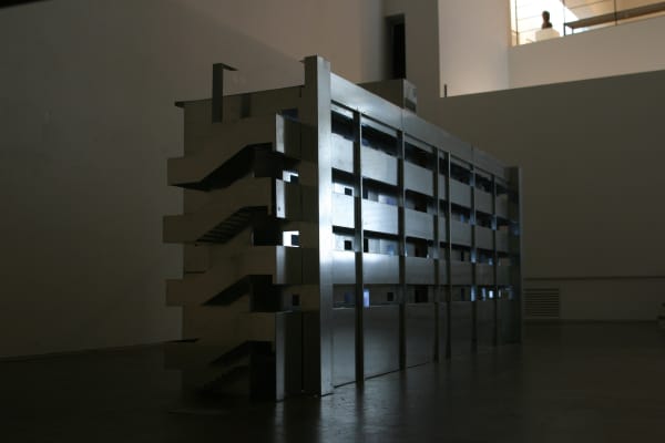 Villa Susaegro 수색로 빌라 (2010) 400x170x90cm A model of a Villa made of sheet zinc, 24" LCD monitors ​함석판으로 만들어진 수색로 빌라 모형, 24" 모니터