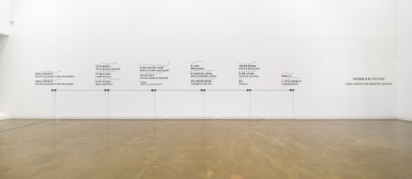 작가를 위한 인사말 Greetings for Artists | 2020 Text vinyl on wall, speakers, interactive device | 1600 cm x 140...
