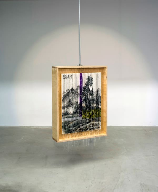 Drift_ 가변성을 위한 연습, 2020 수집된 산수화, 볼펜, 재봉틀 작업, 나무, 전산볼트 63 x 83 x 16 cm