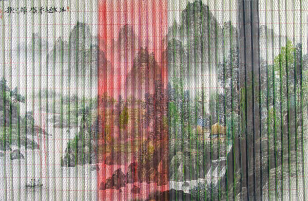 가변성을 위한 연습, 2019, 수집된 산수화, 볼펜, 재봉틀 작업 97 x 64cm