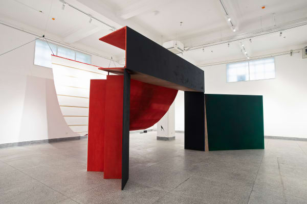 ‘Untitled’ (Gate with Canopy) 2018 Plywood, timber, steel pipe, card, Xuan paper, paint, spray paint, red and black calligraphic ink, rope, pulleys, wire rope, 25kg weights, bolts Dimensions variable. Main structure 290 x 650 x 430 cm