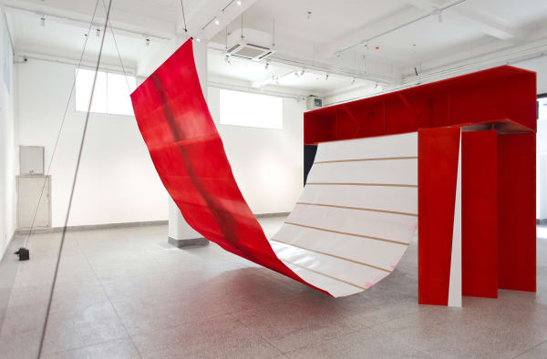 ‘Untitled’ (Gate with Canopy) 2018 Plywood, timber, steel pipe, card, Xuan paper, paint, spray paint, red and black calligraphic ink, rope, pulleys, wire rope, 25kg weights, bolts Dimensions variable. Main structure 290 x 650 x 430 cm