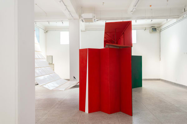 ‘Untitled’ (Gate with Canopy) 2018 Plywood, timber, steel pipe, card, Xuan paper, paint, spray paint, red and black calligraphic ink, rope, pulleys, wire rope, 25kg weights, bolts Dimensions variable. Main structure 290 x 650 x 430 cm