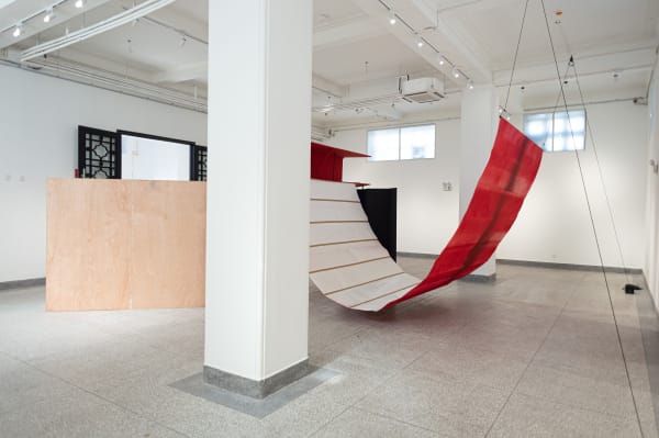 ‘Untitled’ (Gate with Canopy) 2018 Plywood, timber, steel pipe, card, Xuan paper, paint, spray paint, red and black calligraphic ink, rope, pulleys, wire rope, 25kg weights, bolts Dimensions variable. Main structure 290 x 650 x 430 cm