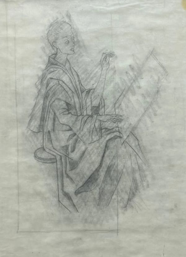 Remedios Varo, Dibujo previo de "Bordando el manto lunar" (Preliminary drawing of "Embroidering the Moon's Mantle"), 1956