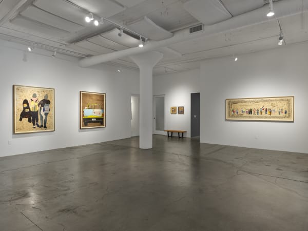 From left to right: Works by Arleene Correa Valencia: Solas Pero Siempre Juntas / Alone But Always Together, 2024; Las Madres Inmigrantes No Se Rajan / Migrant Mothers Don’t Give Up, 2024; Ya No Puedo Caminar / I Can't Walk Anymore, 2024; Agarrate un Poco Mas / Hold On a Little Tighter, 2024; and I Do Not Give You Permission To Enter My Home Based On My 4th Amendment Rights Under The United States Constitution, 2025. Installation image by Chris Grunder.