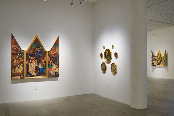 Installation image of Apocalyptic Theater/The Pope, Putin, Peach Boy and Pussy Riot Galorein 2016 at Catharine Clark Gallery, San Francisco