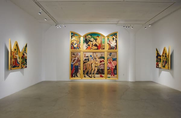 Installation image of Apocalyptic Theater/The Pope, Putin, Peach Boy and Pussy Riot Galorein 2016 at Catharine Clark Gallery, San Francisco