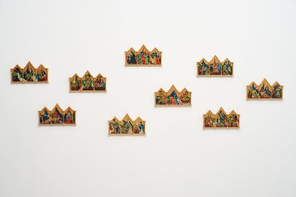 Installation image of Apocalyptic Theater/The Pope, Putin, Peach Boy and Pussy Riot Galorein 2016 at Catharine Clark Gallery, San Francisco