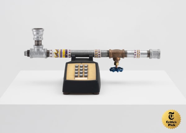 James Luna (Payómkawichum, Ipai, and Mexican, 1950–2018). Hi-Tech Peace Pipe, 1992. Pipes, beads, and telephone. Gochman Family Collection.