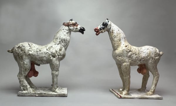 Wanxin Zhang, A Summit, 2021, High-fired stoneware with glaze, Horse 1: 27 x 27 x 10 inches Horse 2: 25 x 25 x 8 inches