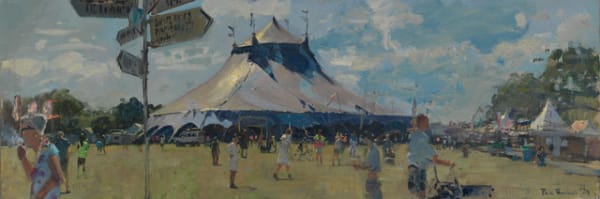 Peter Brown "Circus Field: Big Top and Tea Lady Having a Ciggy” 20 x 60cm Oil on Board £4,250
