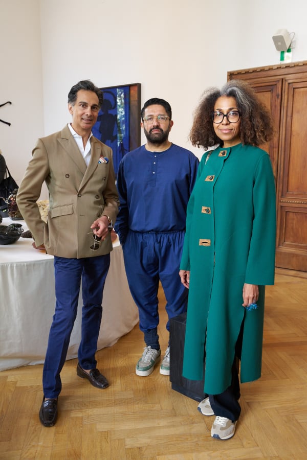 Curators Amin Jaffer (left) and Nadja Romain (right), Artist Osman Yousefzada (middle)