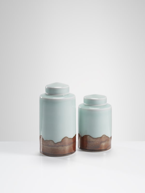 Chris Keenan, 43-44 Celadon lidded jars with red ‘vista’