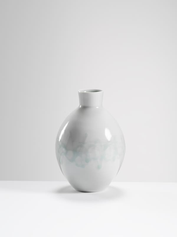 Chris Keenan, 75 celadon globe vase w deeper celadon ‘script’