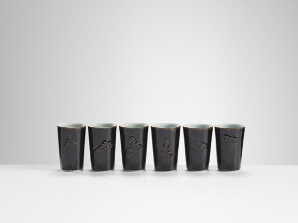 Chris Keenan, 1-6 Tenmoku and celadon beakers with geometric relief