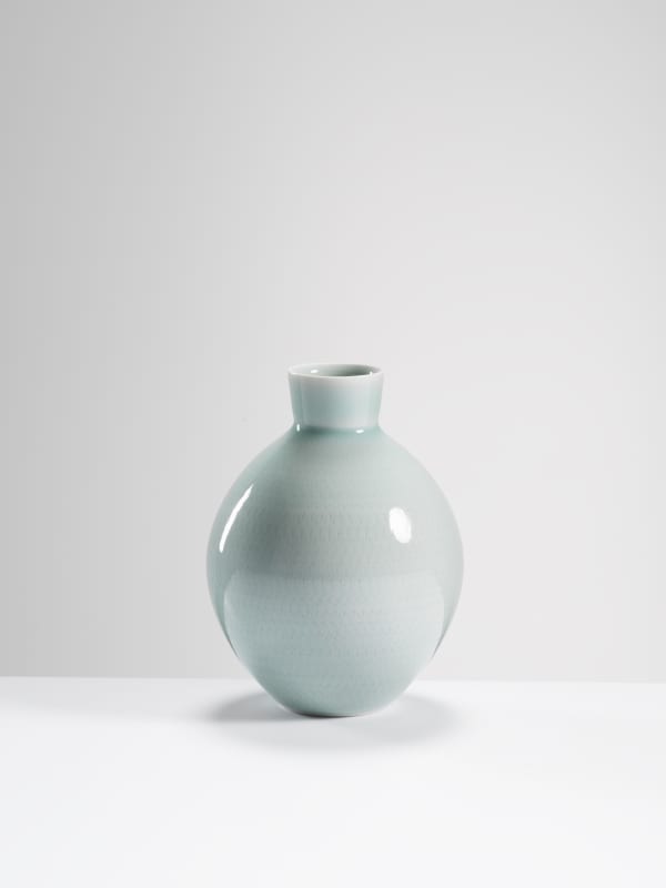 Chris Keenan, 76 celadon globe vase with incised decoration