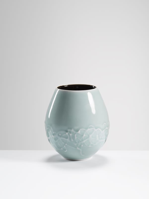 Chris Keenan, 79 celadon and tenmoku ‘egg’ vase with porcelain script