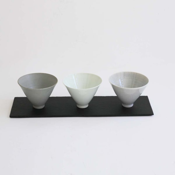 Robyn Hardyman, RH20 set of 3 dishes on slate, celadon/pale grey/blue-grey