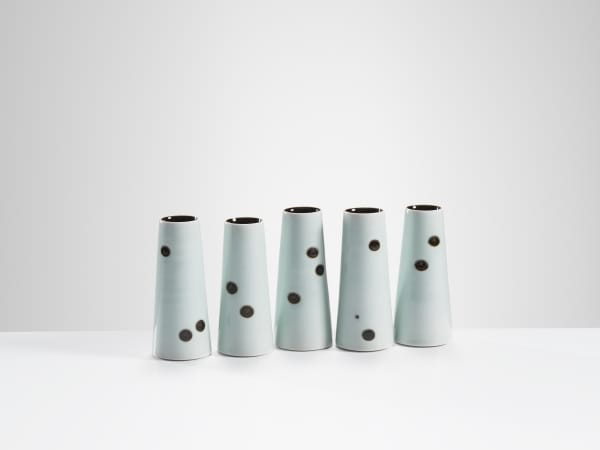 Chris Keenan, 45-49 celadon and tenmoku bud pots with tenmoku spots