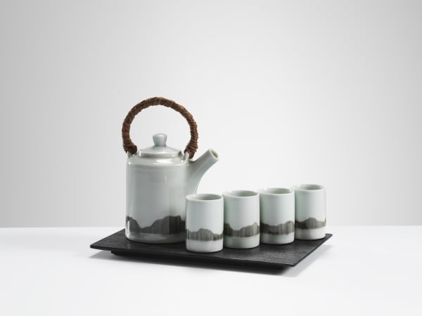Chris Keenan, 29-34 Celadon tea set with grey band and celadon circles – teapot, 4 cups and tray