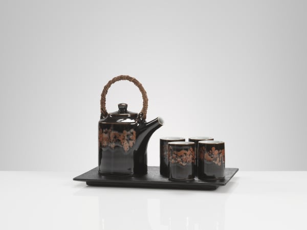 Chris Keenan, C100-C105. Tenmoku and Celadon Tea Set with Red