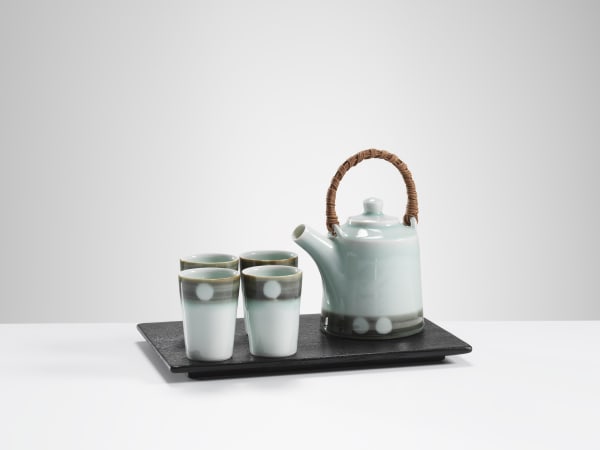 Chris Keenan, 23-28 Celadon tea set with grey band and celadon circles – teapot, 4 cups and tray
