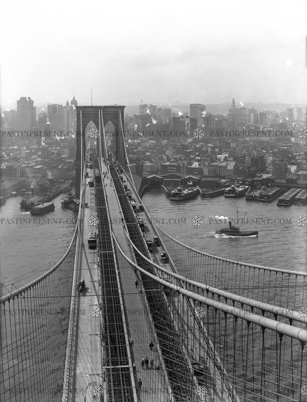 “Over The River” Incredible View From Brooklyn Bridge Tower NYC Skyline Booming Waterfront Economy East River Docks, c.1910's # 4043