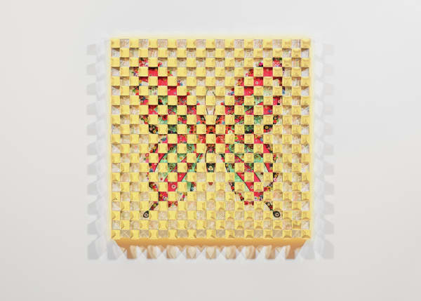 EUNMI CHAE Eternal Butterfly-22(Mazenta), 2021 Gold leaf,gold-plated injection model, Korean traditional lacquer & painting on Mother of pearl, birch panel 71.6 x 71.6 x 7.5 cm (h x w x d)