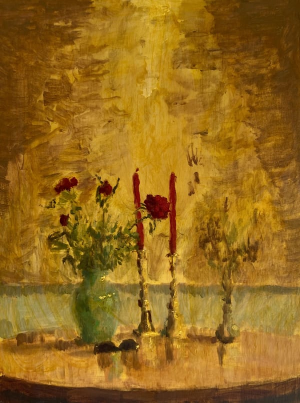 Sebastiain Espejo Table with glasses & river 2025 Oil & & wax on wood 30.5x23cm