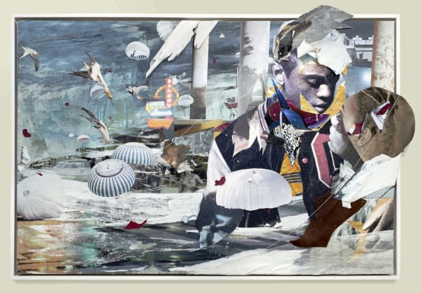 Shaunté Gates Between Columns and The Landing, 2026 Acrylic paint, photo, pulled paper, collage, thread, guinea fowl feather on wood panel 48 x 72 in (121.92 x 182.88 cm)