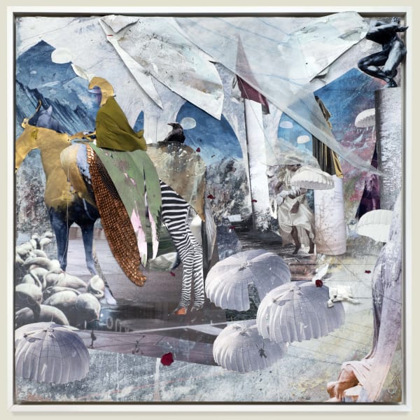 Shaunté Gates Horsemen Of The Derby no.1, 2026 Acrylic paint, photo, pulled paper, collage, pennies, thread, on wood panel 48 x 48 in (121.92 x 121.92 cm)